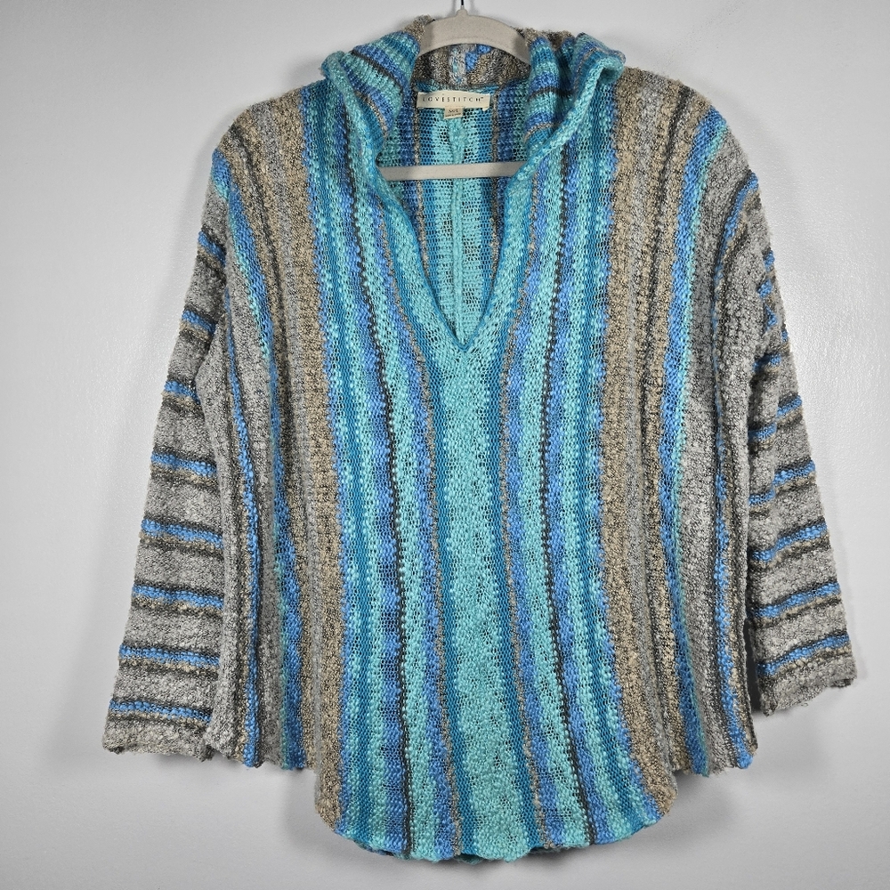 LoveStitch Blue Gray Slub Knit Pullover Beach Hoodie V-Neck Sweater Size M/L